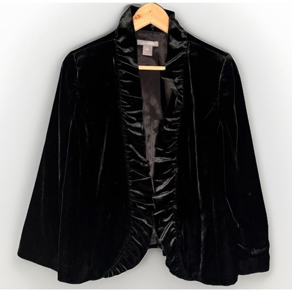 Ann Taylor Black Velvet Ruffle Blazer Size 8 Silk Blend Christmas Holiday Jacket - Picture 1 of 16